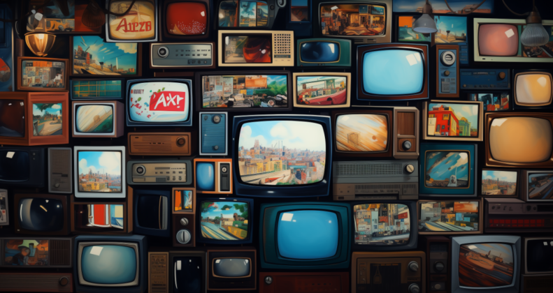 Background image of multiple TVs displaying various content